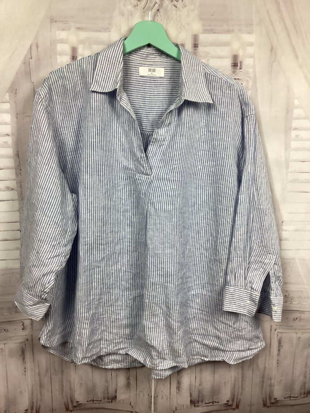 Uniqlo Linen Shirt Blouse Blue White Stripe 3/4 Sleeves XL